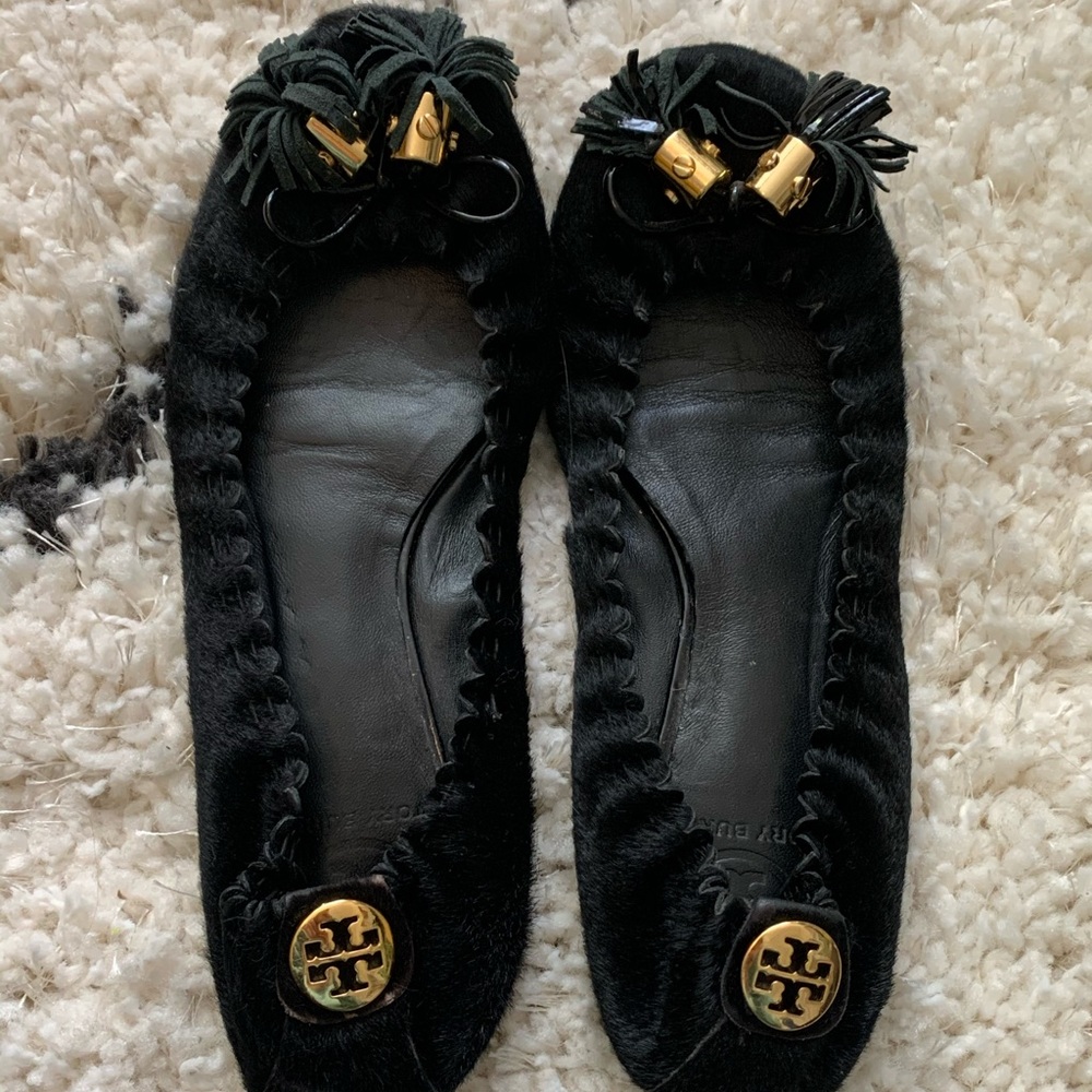 Tory Burch Black Calf Hair Tassle Flats